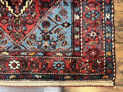 Antique Persian Tribal Rug 4x7, Wool Handmade 1920s Carpet, Red Blue, Persian Hamadan Rug