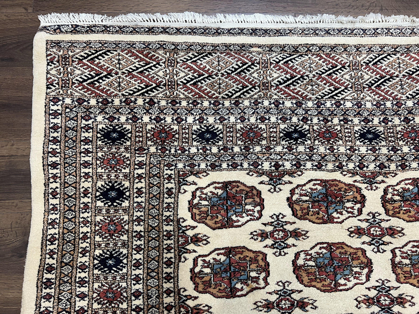 Pakistani Bokhara Rug 8x10, Traditional Turkoman Tribal Carpet, Allover Repeated Elephant Foot Motif, Ivory/Cream Black Red, Vintage Handmade