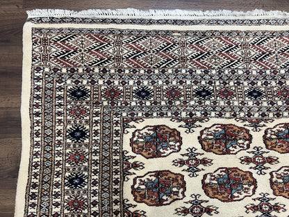 Pakistani Bokhara Rug 8x10, Traditional Turkoman Tribal Carpet, Allover Repeated Elephant Foot Motif, Ivory/Cream Black Red, Vintage Handmade