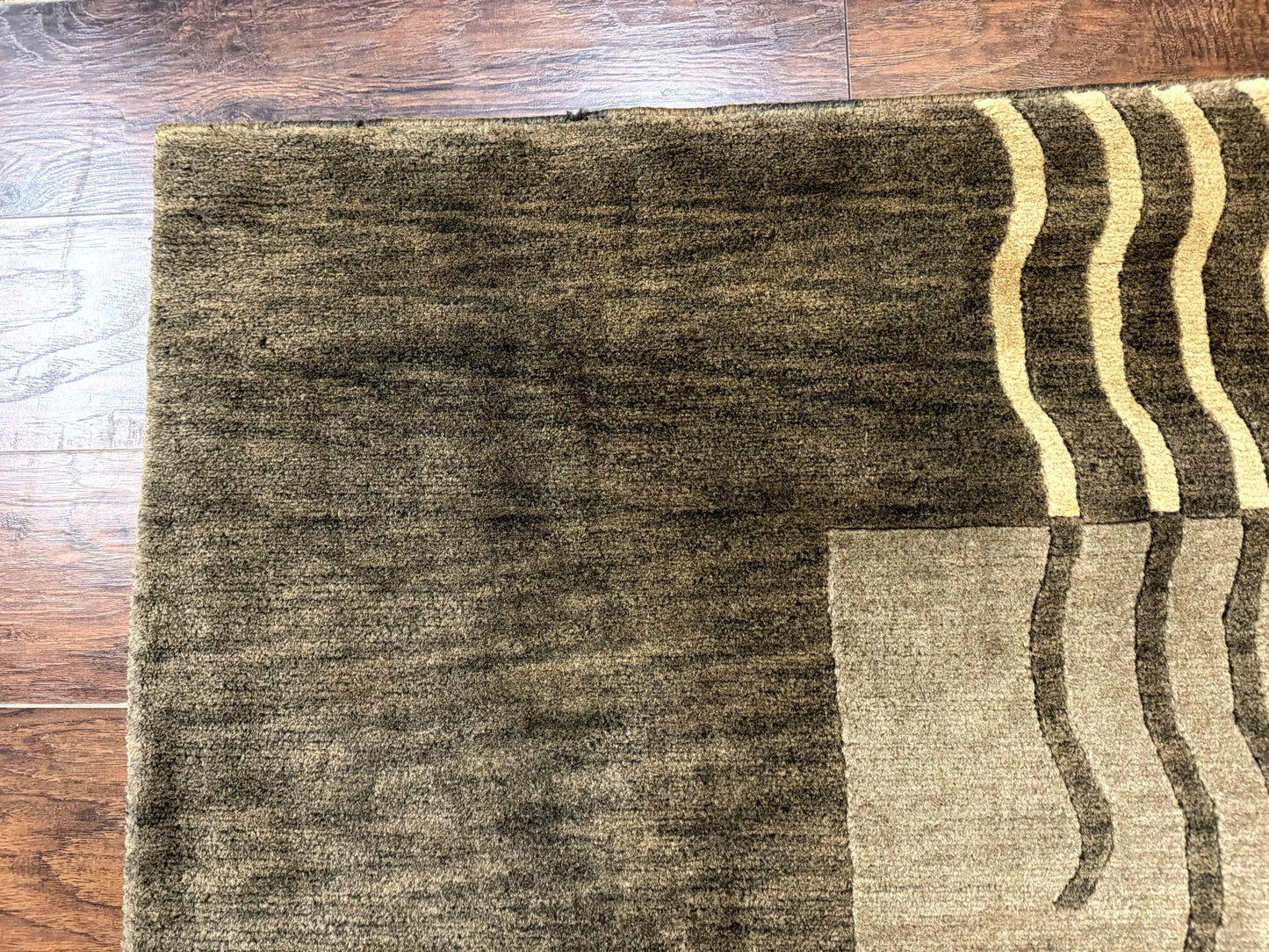 Modern Tibetan Wool Rug 3.6 x 5.6, Shades of Green, Abstract Design