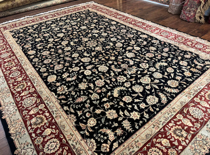 Sino Persian Rug 9x12 Hand Knotted Wool Silk Highlights Allover Floral Black And Dark Red