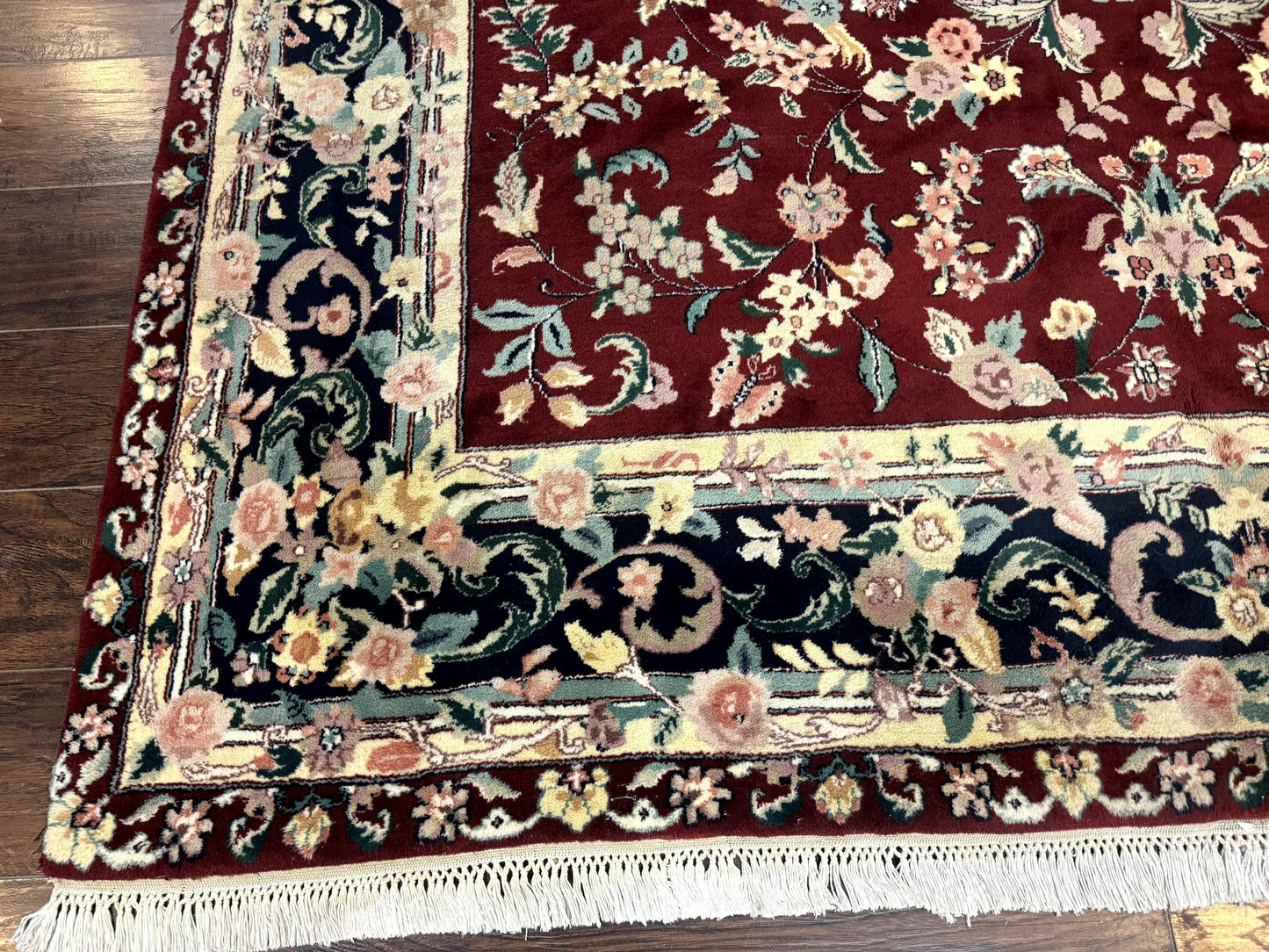 Indo Persian Rug 8x10 Handmade Wool With Floral Bird Pictorials In Maroon And Navy