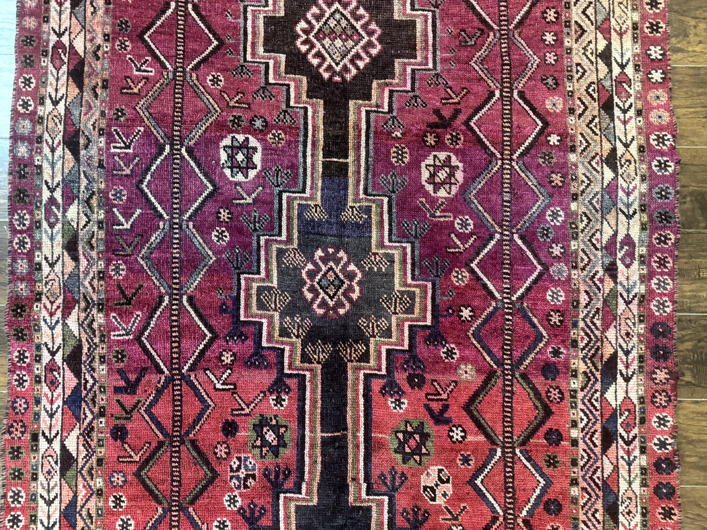 Persian Tribal Shiraz Rug 5x8, Geometric, Raspberry Red and Charcoal, Antique Persian Carpet
