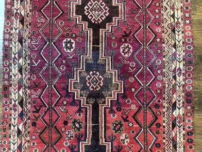 Persian Tribal Shiraz Rug 5x8, Geometric, Raspberry Red and Charcoal, Antique Persian Carpet