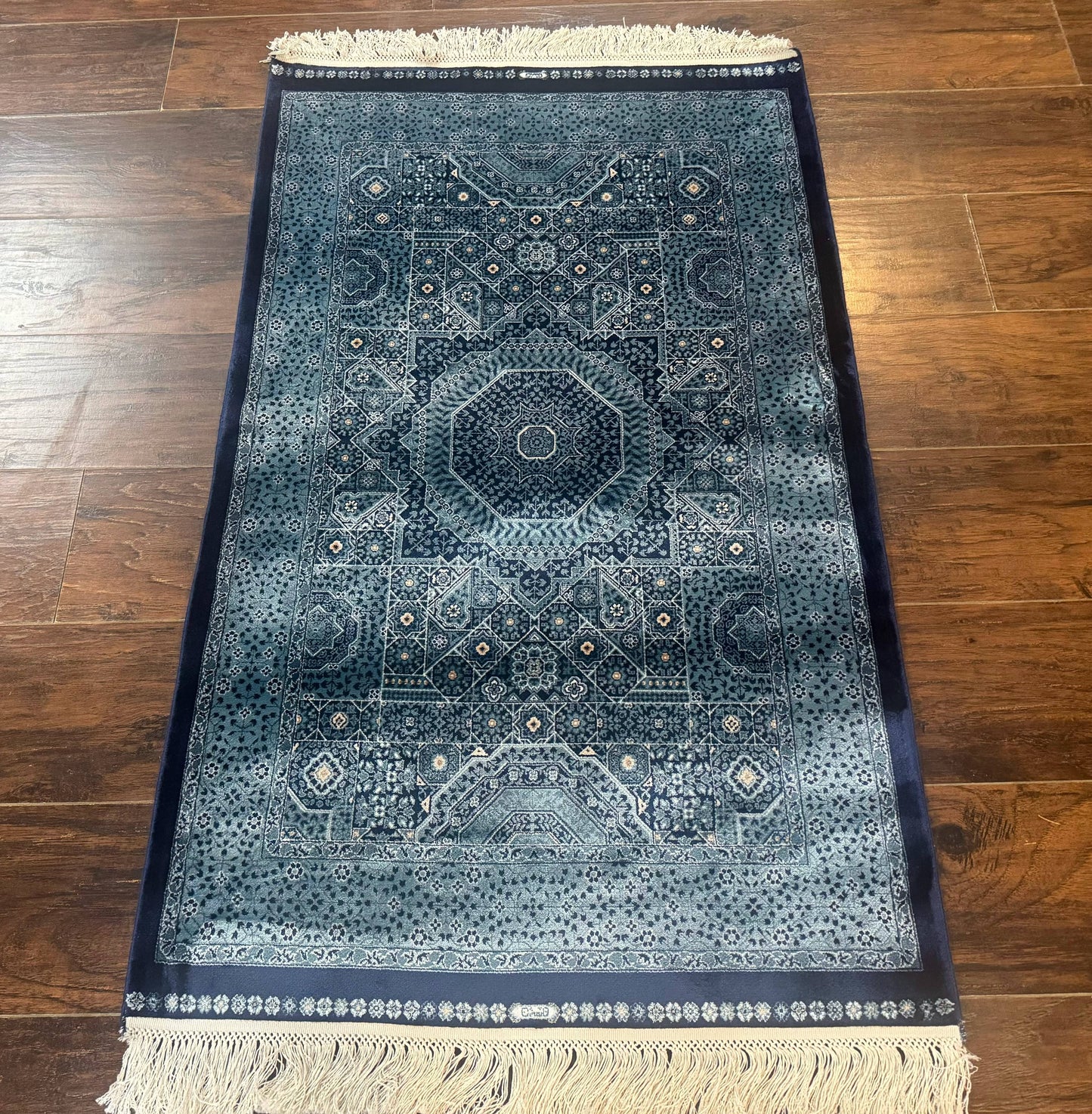 Blue Hereke Turkish Silk Rug Mamluk Bamboo Silk 2.6 By 4 Feet