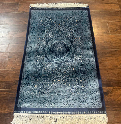 Blue Hereke Turkish Silk Rug Mamluk Bamboo Silk 2.6 By 4 Feet