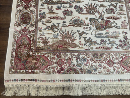 Turkish Silk Hunting Scene Rug 4x6 Ivory Bamboo Silk Contemporary Area Rug