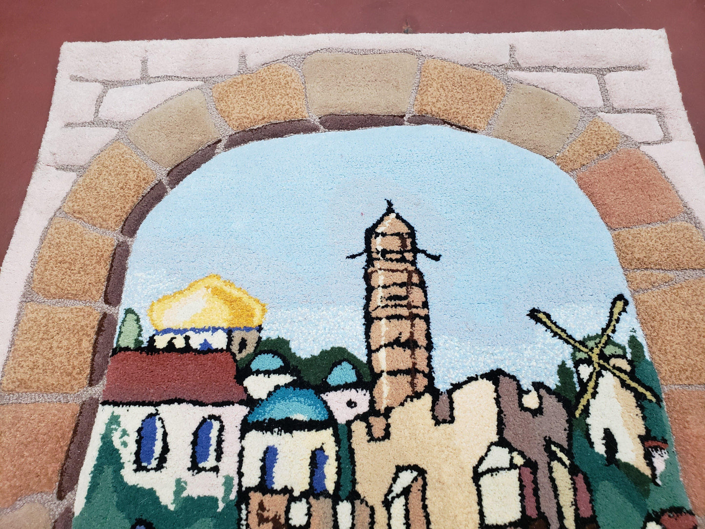 Small Judaica Rug, Rug with Jerusalem Pictorial, Chanuka Gift, Hand-Tufted, Jerusalem Gate, Vintage Judaica, Western Wall Rug, 3x4 Rug