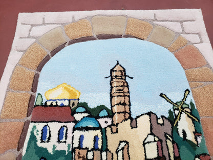 Small Judaica Rug, Rug with Jerusalem Pictorial, Chanuka Gift, Hand-Tufted, Jerusalem Gate, Vintage Judaica, Western Wall Rug, 3x4 Rug