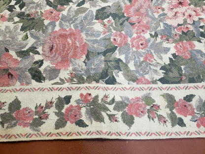 Needlepoint Rug 5 Foot 4 Inch By 8 Foot 3 Inch Wool Flat Weave Floral Ivory Pink Flowers Green Leaves