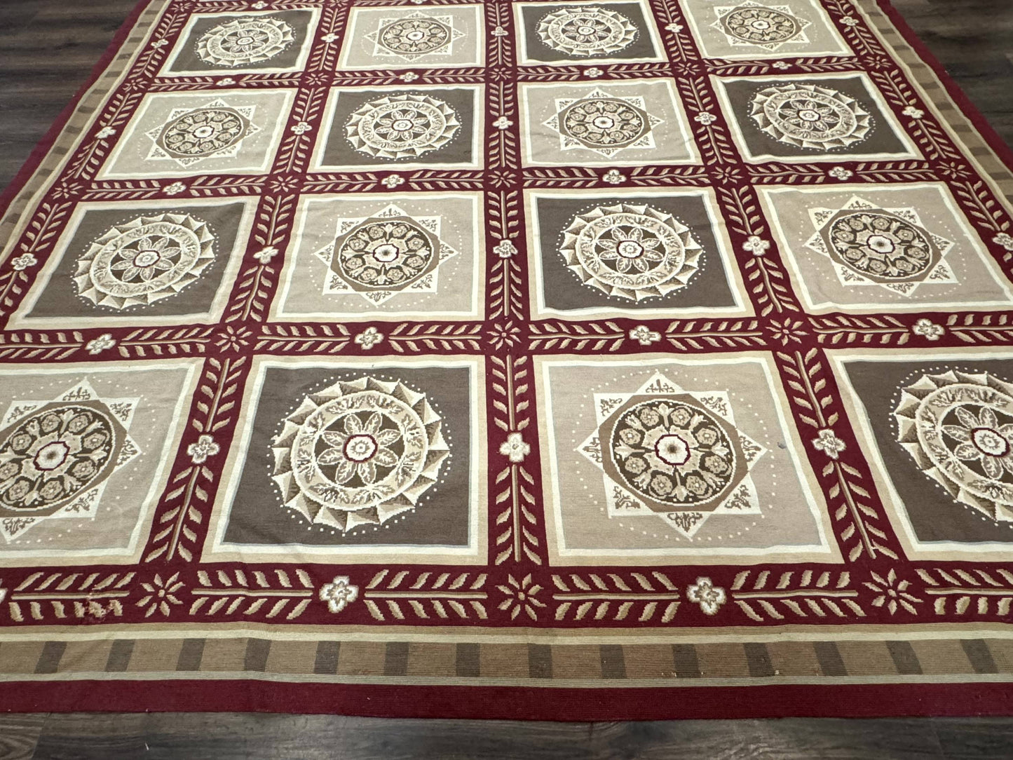 Needlepoint Rug 9x12, Panel Design, Burgundy Taupe, Elegant