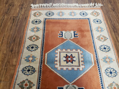 Turkish Area Rug Handmade Vintage Wool Kazak Carpet Three By Five Feet Red Beige