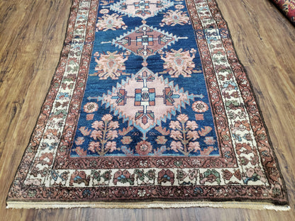 Blue Vintage Persian Hamadan Rug Hand Knotted Wool 4x6 Ft 1950s