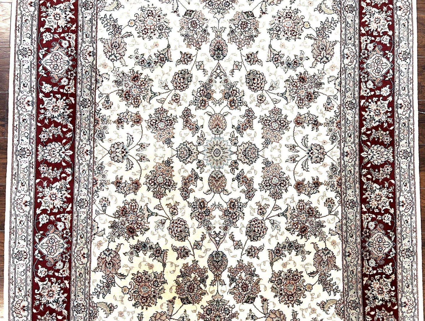 Pak Persian Rug 6x9 Wool Silk Hand Knotted Floral Allover Cream and Maroon Vintage Rug