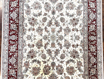 Pak Persian Rug 6x9 Wool Silk Hand Knotted Floral Allover Cream and Maroon Vintage Rug