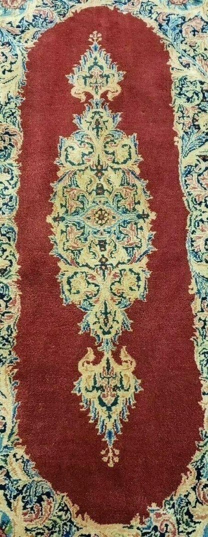 Persian Kirman Rug Hand Knotted Wool 2x4 Vintage Floral Medallion Red Beige