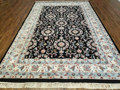 Handmade Indian Agra Wool Rug 6x9 With Vegetable Dyes Black Floral Pattern