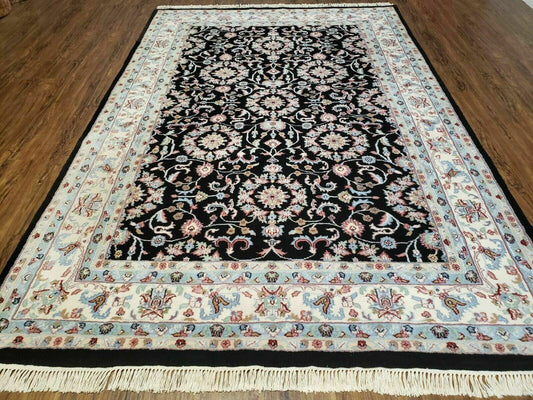 Handmade Indian Agra Wool Rug 6x9 With Vegetable Dyes Black Floral Pattern