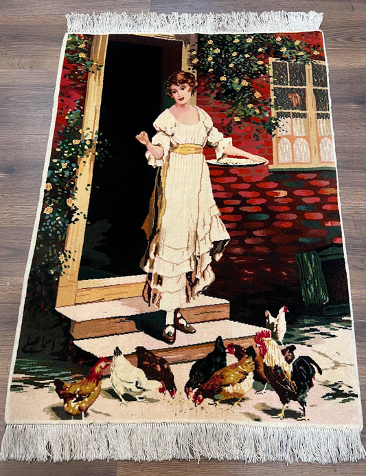 Persian Tabriz Pictorial Rug 2x3, Fine High KPSI Pictorial Carpet, Lady in Front of Home with Chickens 2 x 3 ft Oriental Rug Vintage Handmade Wool