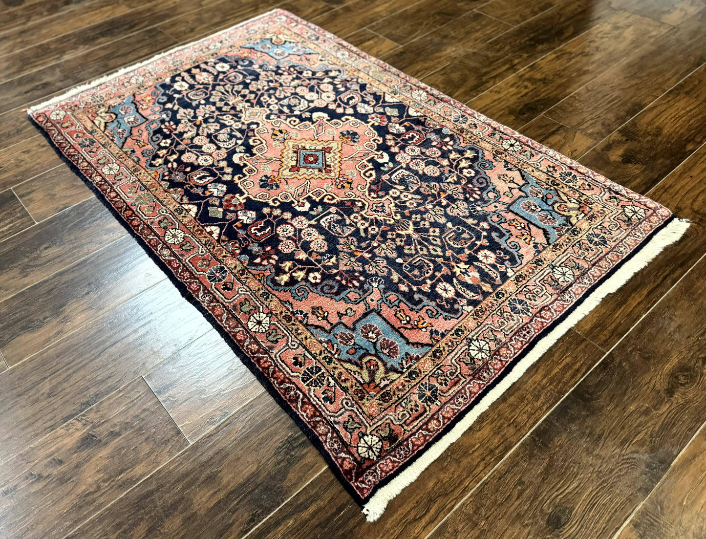 Persian Rug 3x5, Jozan Sarouk Rug, Navy Blue and Coral, Medallion Rug, Semi Antique