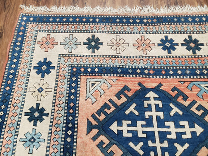 Turkish Kazak Rug 5x8 Ft Hand Knotted Wool Bohemian Carpet Blue Ivory