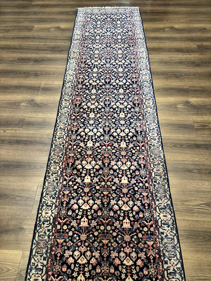 Indo Persian Runner Rug 2.8 x 12, Navy Blue, Floral, Fine 270 KPSI