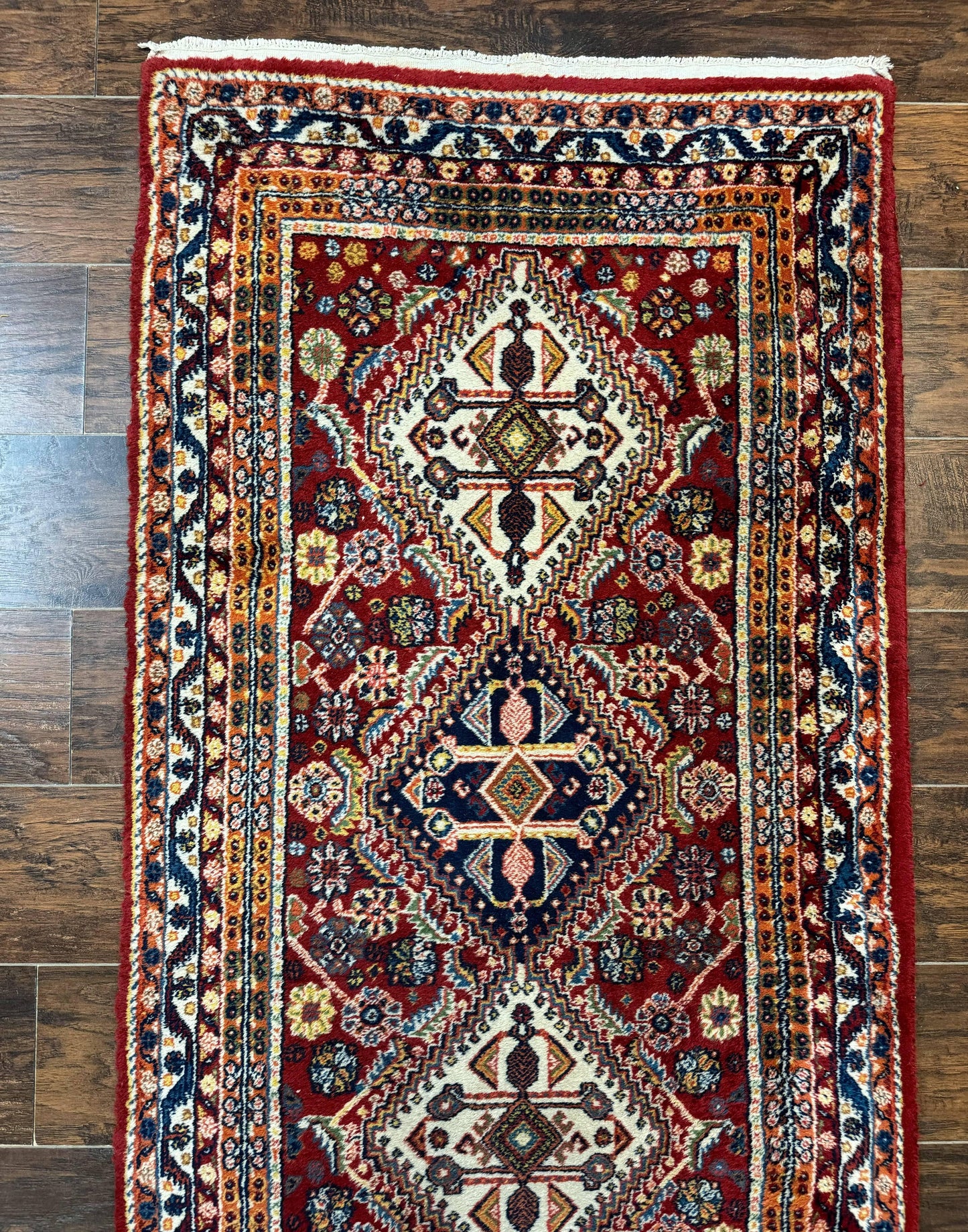 Antique Persian Qashqai Runner Rug 3 x 13 ft, Tribal Runner, Geometric Medallions, Red Ivory Blue, Wool