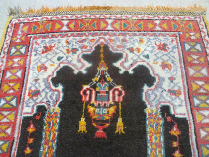 Antique Moroccan Runner Rug 3x7, Moroccan Prayer Rug, Double Mehrab Prayer Arches, Black and Red, Hand-Knotted Wool Carpet, Hallway Rug Nice
