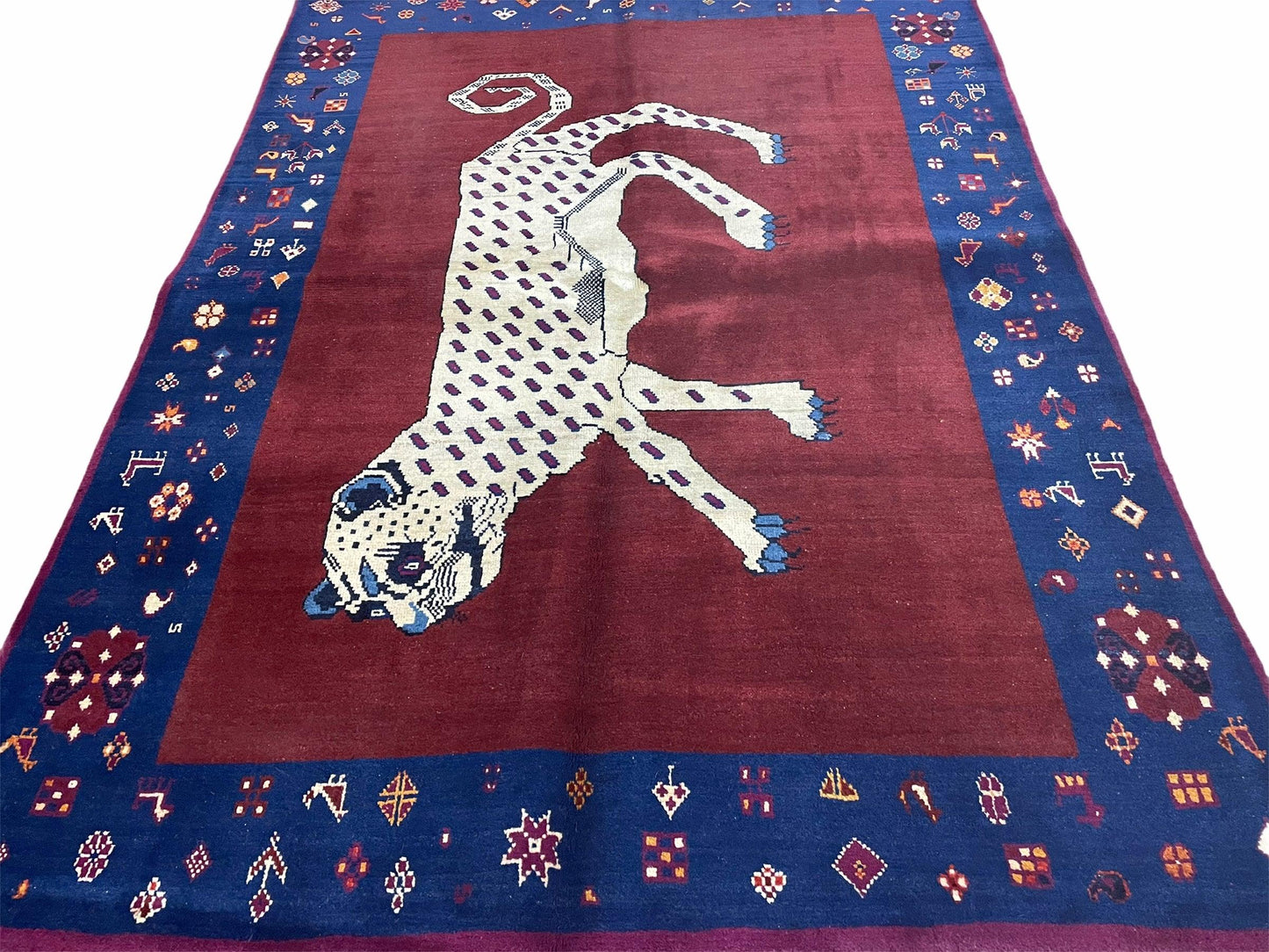 Zagros Wool Rug 5x7 Handmade With Organic Dyes Snow White Panther Maroon Blue
