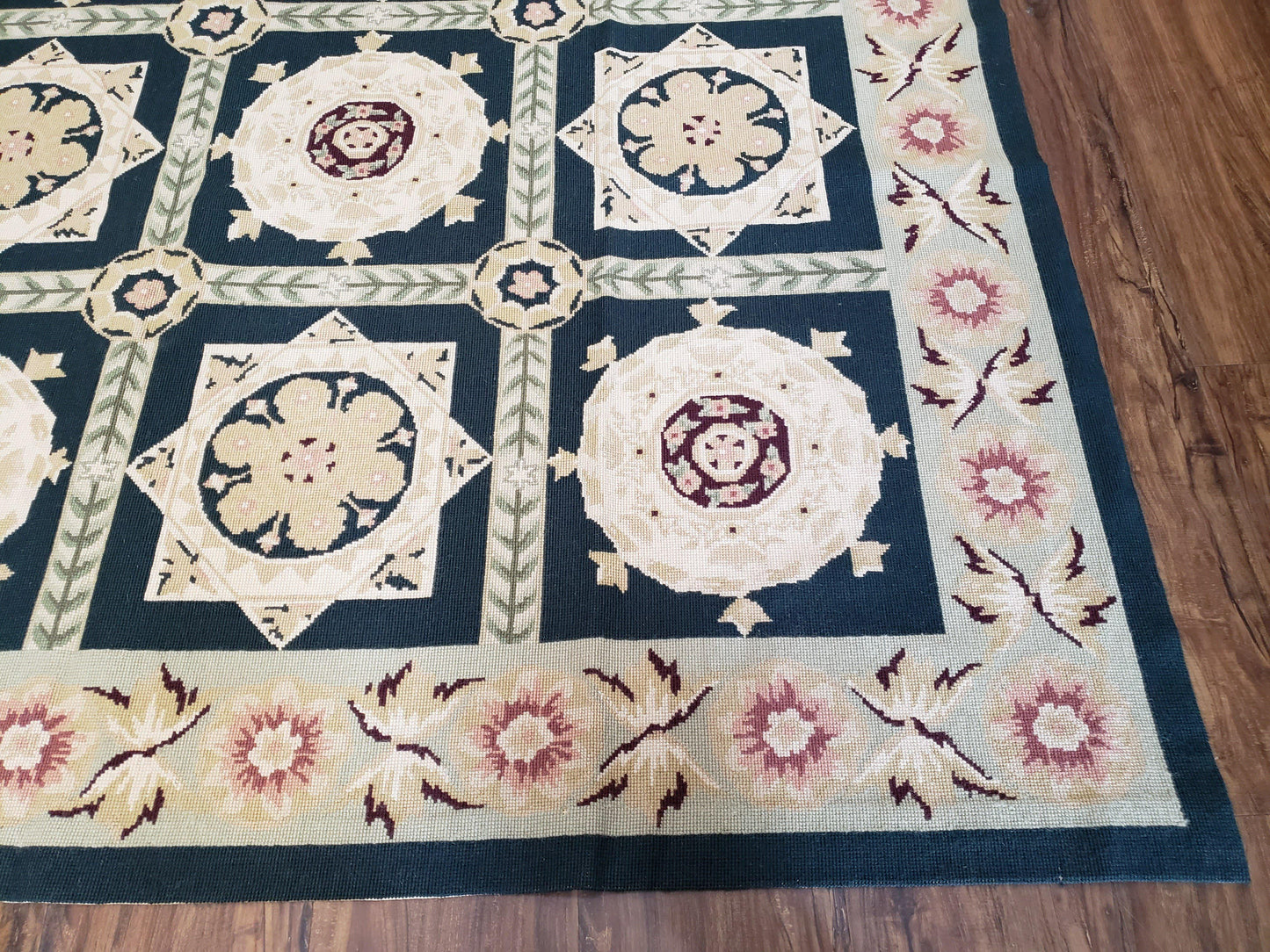 Vintage Chinese Needlepoint Rug 6x9 Handwoven Wool Panel Design Rug Black Ivory