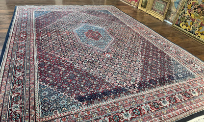 Indo Persian Bidjar Rug 8x11, Herati Mahi Pattern, Red Navy Blue, Handmade Vintage Wool Carpet