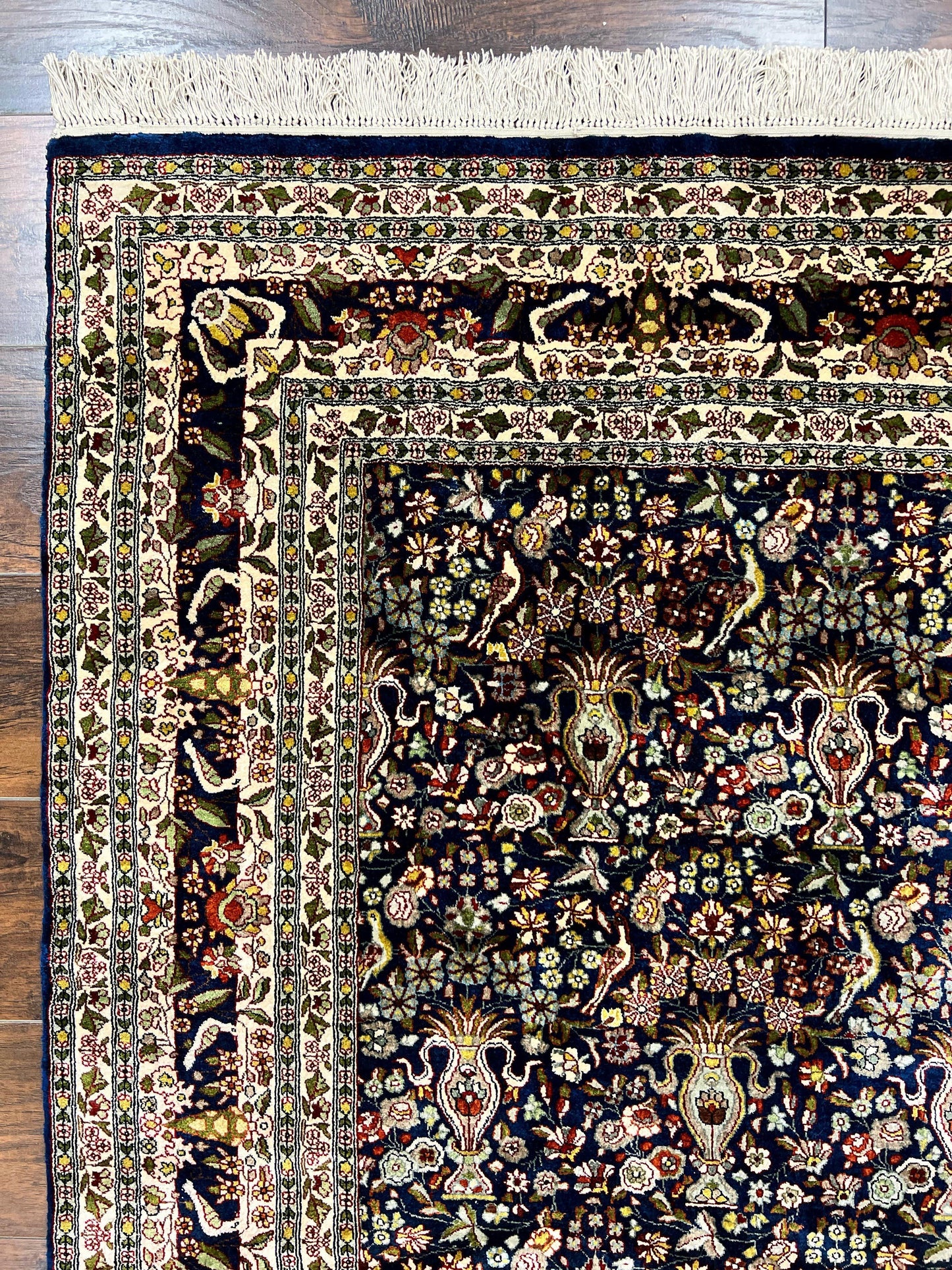 Kashmiri Silk Rug 5x7 Navy Blue Indo Persian Hand Knotted Birds Pattern Silk Carpet