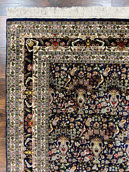 Kashmiri Silk Rug 5x7 Navy Blue Indo Persian Hand Knotted Birds Pattern Silk Carpet