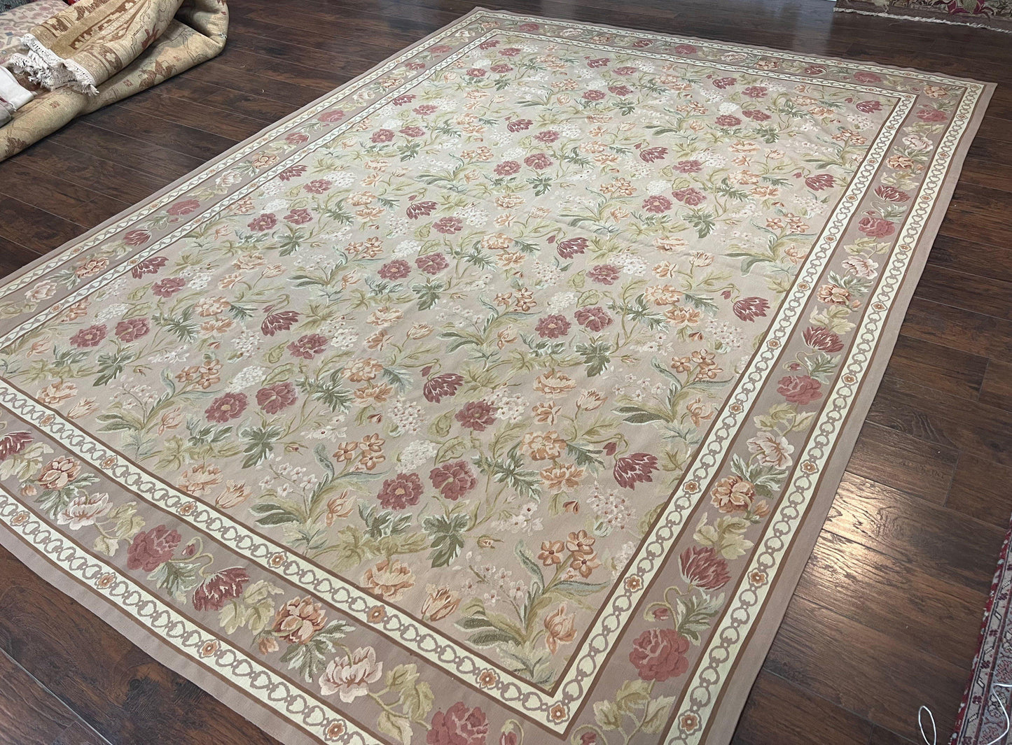 Aubusson Rug 9x12 Wool Handmade Floral Roses Pink Beige Mauve European French Design