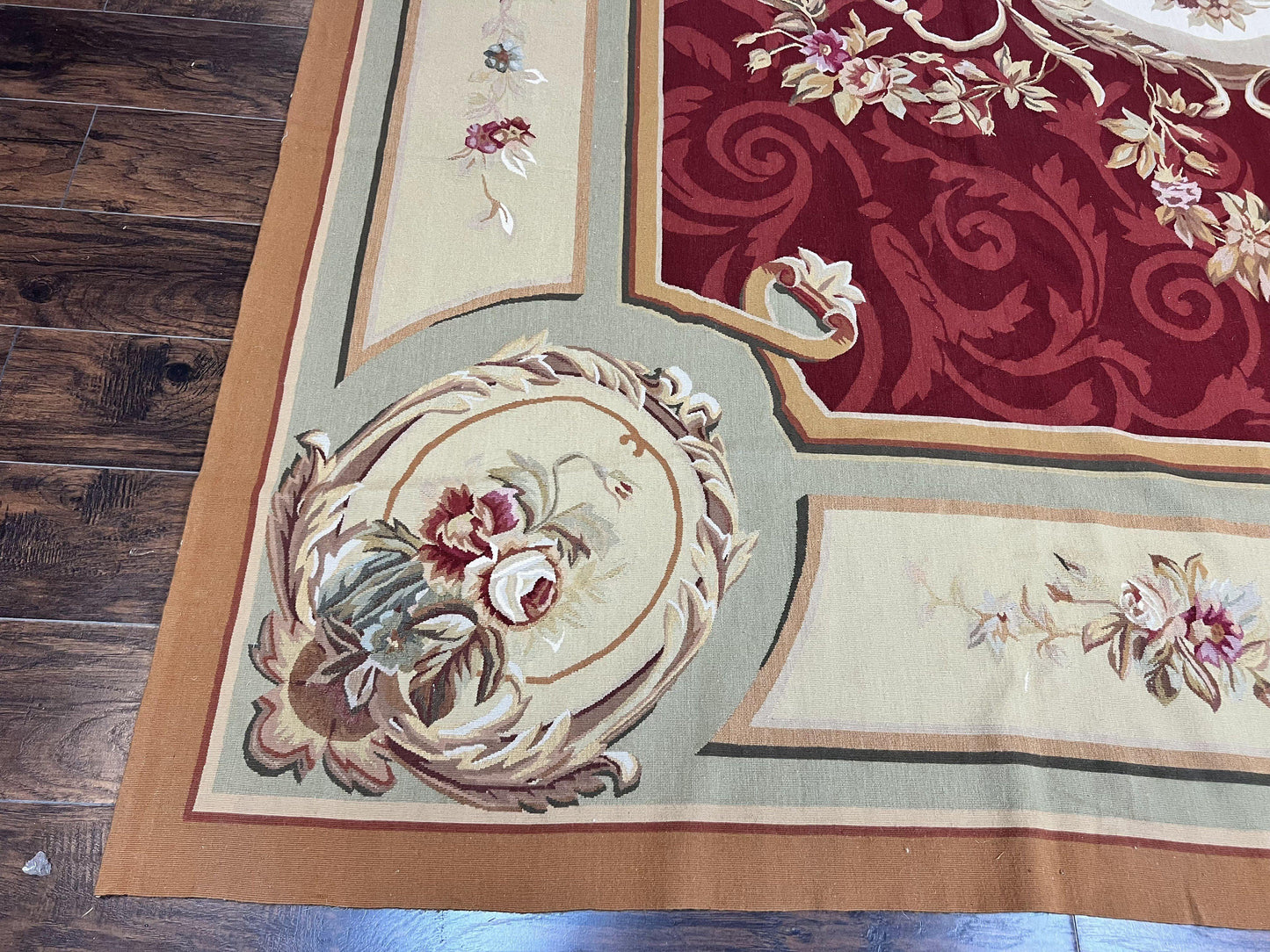 Large Aubusson Rug 10x14, Wool Handmade Vintage Carpet, Dark Red Ivory Tan, French European Elegant Aubusson Weave Rug