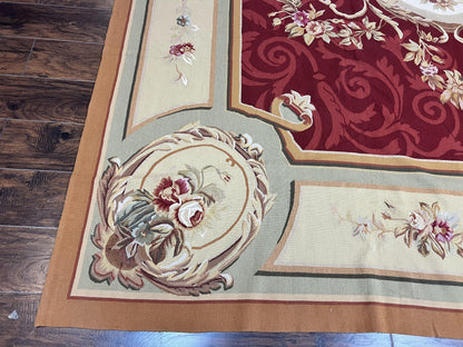 Large Aubusson Rug 10x14, Wool Handmade Vintage Carpet, Dark Red Ivory Tan, French European Elegant Aubusson Weave Rug
