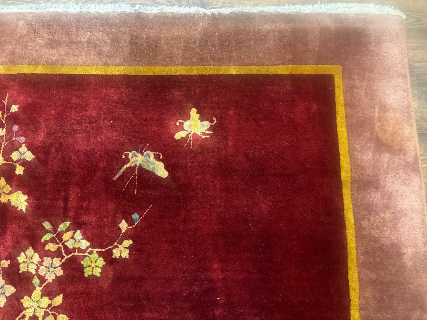 Red Chinese Art Deco Wool Rug 9x11 Handmade Antique Area Rug