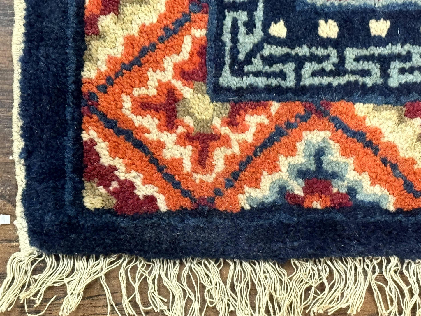 Small Antique Chinese Square Rug 2x3, Tibetan Rug, Red Orange Blue, 1920s Rug