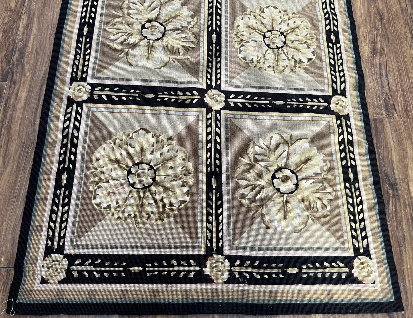 Needlepoint Runner Rug 3x8 Panel Design Rug, Flatweave Runner Rug, English Design, Floral, Short Runner Rug, Black and Beige Wool Hand-Woven