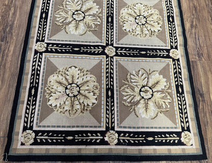 Needlepoint Runner Rug 3x8 Panel Design Rug, Flatweave Runner Rug, English Design, Floral, Short Runner Rug, Black and Beige Wool Hand-Woven