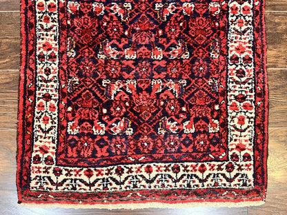 Persian Tribal Runner 3 x 9, Hamadan Dargazin Rug, Dark Blue and Red Wool Hand Knotted Hallway Rug, Vintage Antique Oriental Runner, 9ft Long Runner, Herati