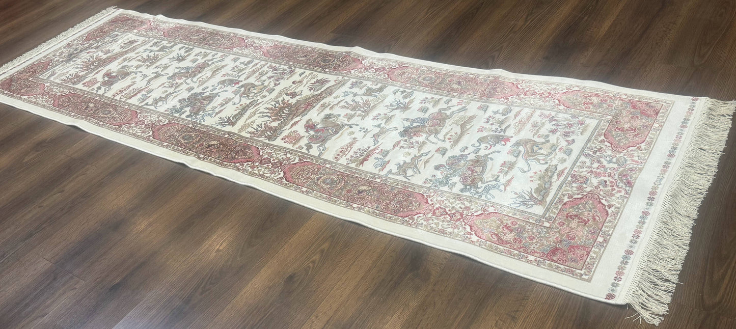 Turkish Silk Runner Rug 2.6 x 8, Hunting Design, Ivory, Bamboo Silk, New
