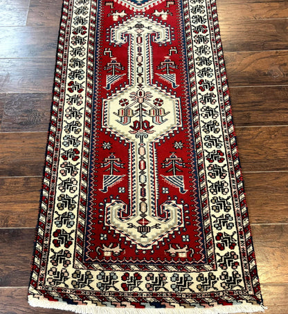 Indo Persian Runner Rug 2.6 x 12, Heriz Geometric Caucasian Design, Animal Pictorials, Tribal Runner Rug, Vintage Handmade Wool Red