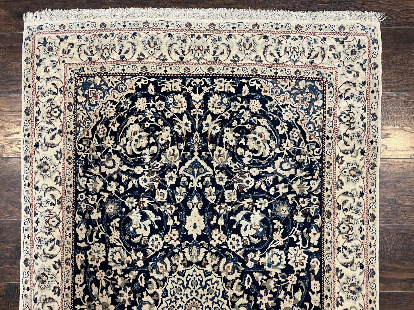 Persian Nain Rug Hand Knotted Wool and Silk Accents With Floral Medallion Navy Blue Ivory Cream
