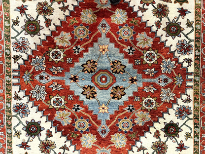 Indo Persian Heriz Rug 7x9, Geometric Pattern, Cream & Light Red, Handmade Vintage Wool Carpet