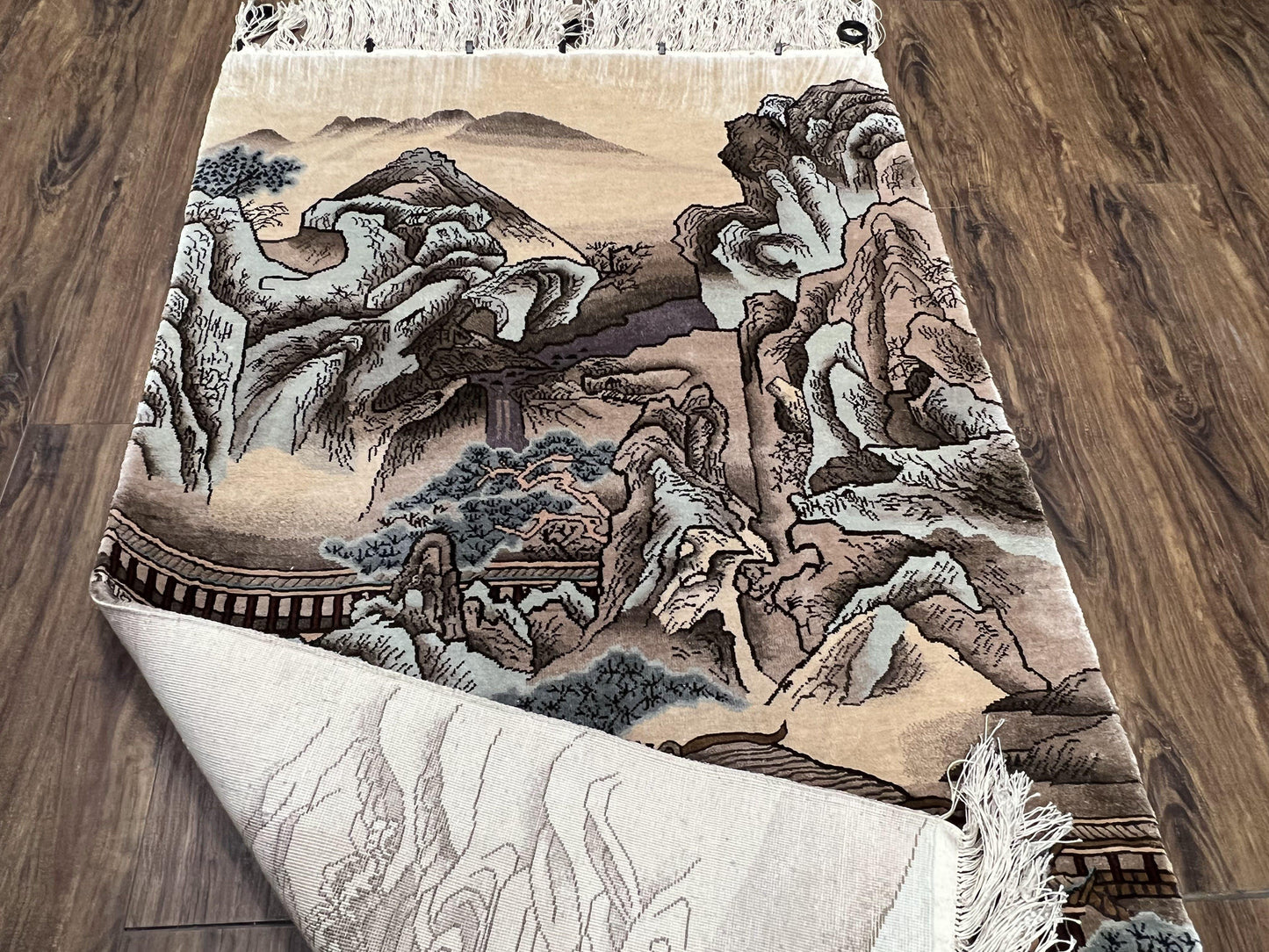 Silk Chinese Wall Hanging Rug 3x6 ft Tapestry, Pagoda Scene, Pictorial, High Quality Fine Hand Knotted Vintage, Asian Oriental Handmade Nice