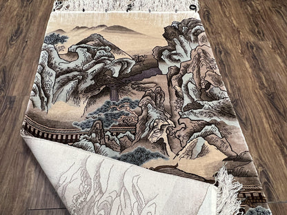 Silk Chinese Wall Hanging Rug 3x6 ft Tapestry, Pagoda Scene, Pictorial, High Quality Fine Hand Knotted Vintage, Asian Oriental Handmade Nice