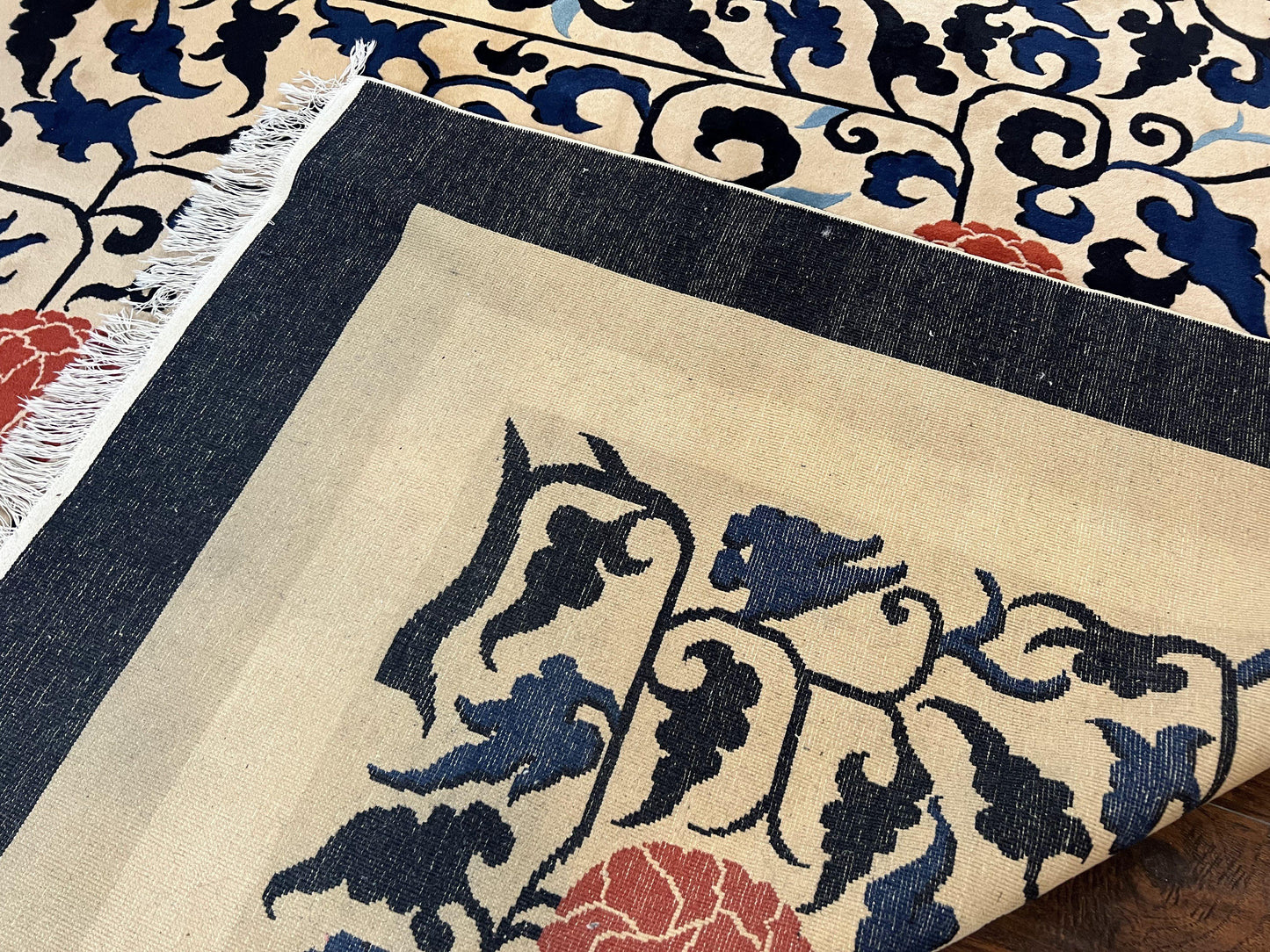 Antique Chinese Peking Rug 10x14, Beige Black, Handmade Wool Art Deco Carpet