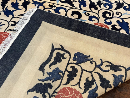 Antique Chinese Peking Rug 10x14, Beige Black, Handmade Wool Art Deco Carpet