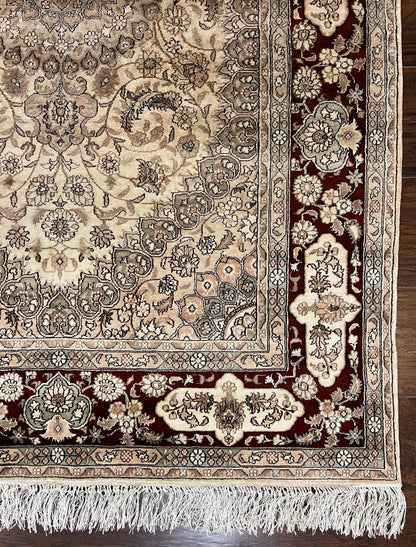 Silk Indian Kashmiri Rug 4x6 ft, Floral Medallion Hand Knotted Handmade Oriental Carpet, Vintage, Cream Burgundy, Very Fine Silk Rug 4 x 6